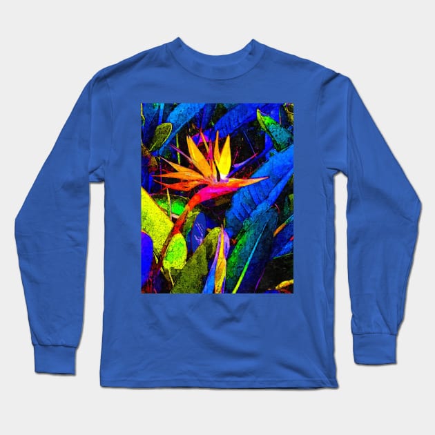 Colorful Bird of Paradise Flower and Leaves Painting Long Sleeve T-Shirt by oknoki